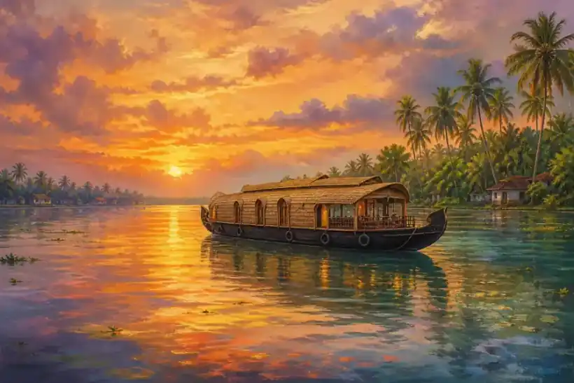 Painted Kerala houseboat moving through the Alappuzha backwaters at sunset