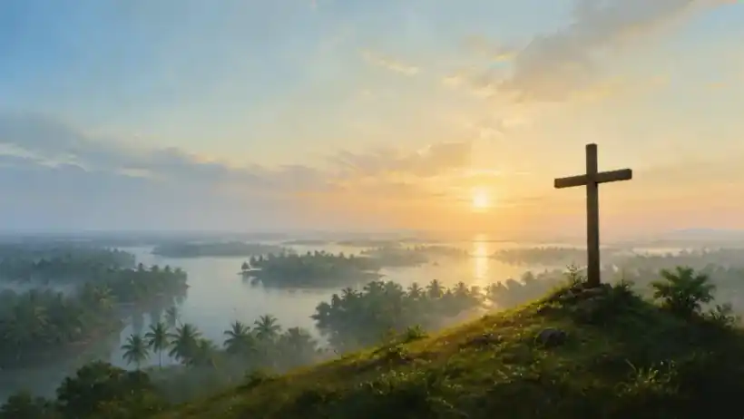 A quiet cross above Kerala’s backwaters, composed with open sky for a calm and practical desktop wallpaper.