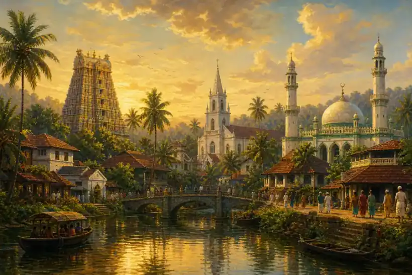 A warm Kerala townscape celebrating neighboring traditions, everyday life and peaceful belonging.