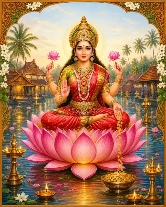 Goddess Lakshmi above a luminous Kerala temple pond, surrounded by lotus, jasmine and warm gold reflections.