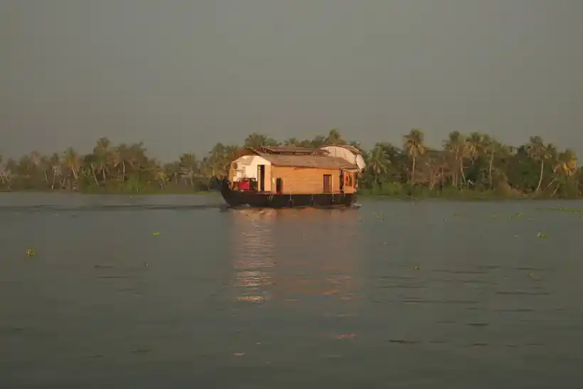 Boat and palms on Vembanad Lake in Kerala